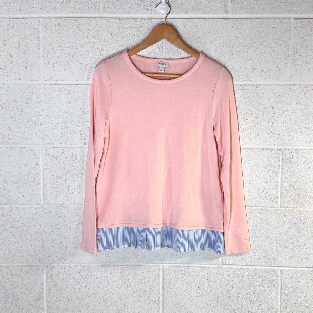 J.Crew Preppy Pastel Pink Long Sleeve Top with Pinstripe Pleated Hem Size Small
